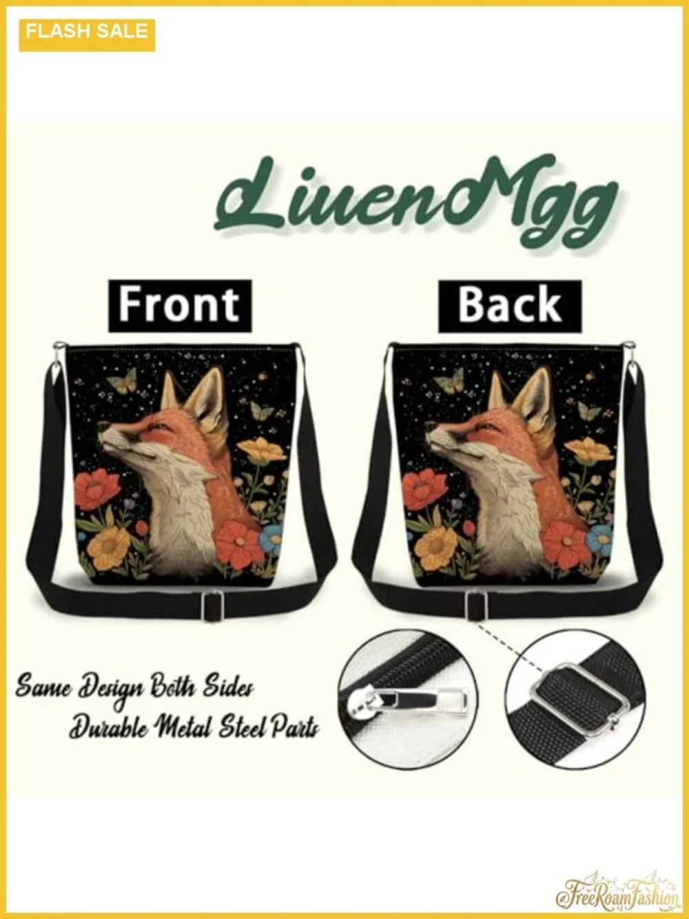 Floral Fox Crossbody Bag Messenger Purse Canvas Polyester Adjustable Strap